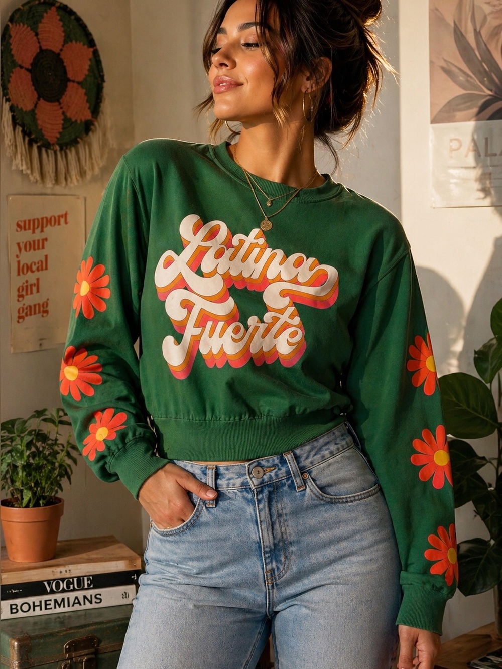 Latina Fuerte Retro Daisy Sweatshirt Green Floral Crewneck Target M NWT Y2K Boho